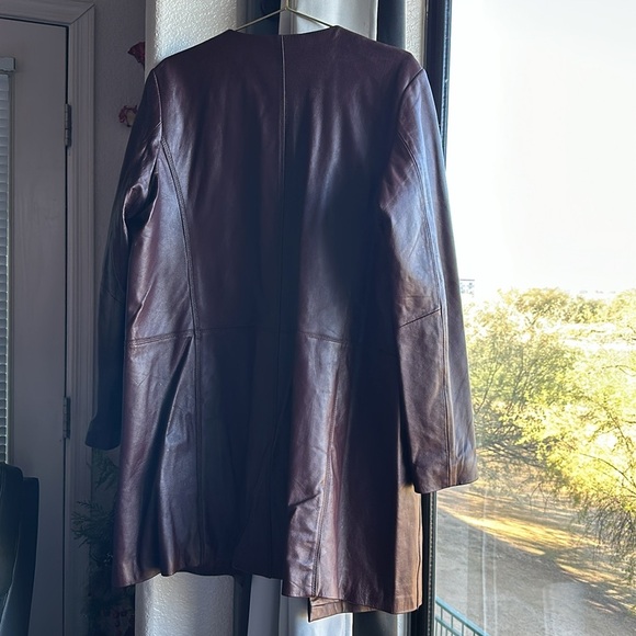 Neiman Marcus 4 button long leather Burgundy wine button two pocket jacket XL - Picture 4 of 17